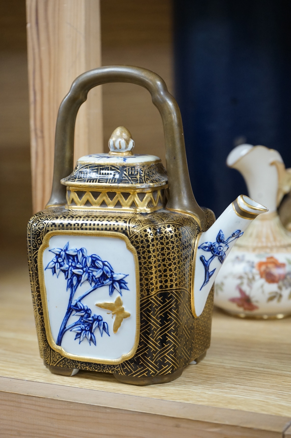 A Worcester butterfly handled cup and saucer and four other items, together with Royal Crown Derby, Dresden and Coalport items. (9). Tallest 13 cm